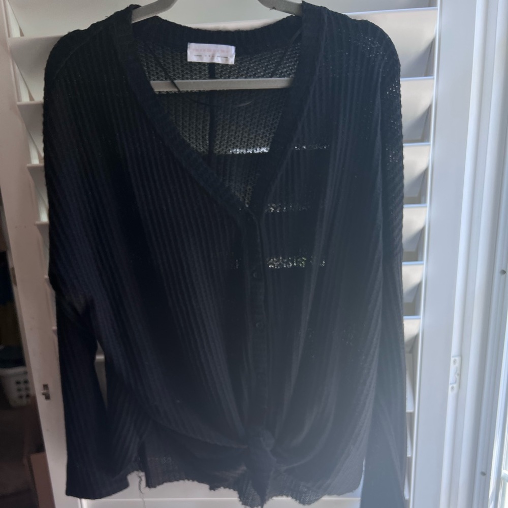 Waffle knit tie-front shirt